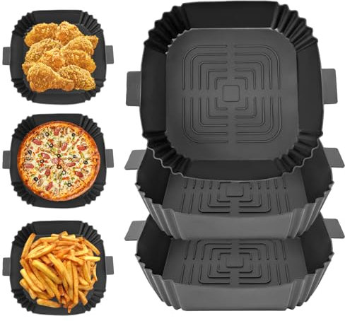 Zhufas 3 Pezzi Molde Silicona Freidora de Aire 19.5x19.5x5 cm, Cuadrado Accesorios,Reutilizable Accesorios Freidora sin Aceite en lugar de Papel de Horno Freidoras de Aire