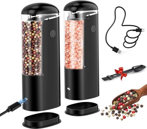 Salz und Pfeffermühle Elektrisch Set: - USB Wiederaufladbar Elektrische salz und pfefferstreuer mit Licht, Einstellbare Grobheit Salzmühle Elektrisch, Schwarz