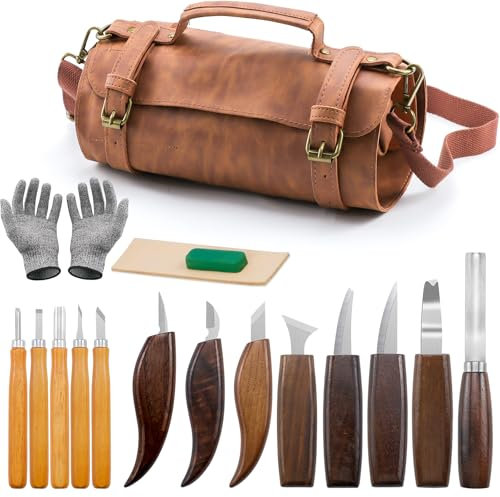 Qingning Juego de Herramientas para Tallar Madera-17pcs, Cuchillos de Tallar Madera, Kit de Tallado de Madera Manualidades, Kit de Cuchillos de Tallado de Madera para Principiantes y Profesionales