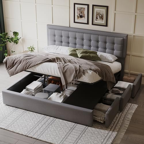 Gegtuon Polsterbett Doppelbett 180x200, Bett mit Hydraulisch Stauraum & Schubladen, Stauraumbett Funktionsbett Bettgestell mit Kopfteil, Jugendbett mit Lattenrost aus Holz, ohne Matratze, Leinen, Grau
