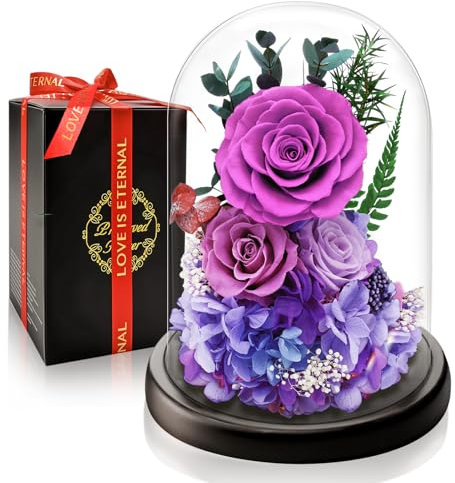Rosa Eterna Stabilizzata sotto Campana I Regalo di Lusso con Luce LED I Perfetta per Anniversario, Festa della Mamma I Ideale per Moglie, Fidanzata, Mamma e Nonna I Fiore Preservato che Dura Anni