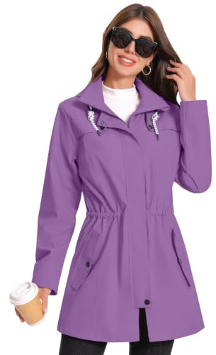 Zdoynto Regenjacke Damen mit Kapuze Leichte Lang Wasserdicht Regenmantel | Übergangsjacke, Atmungsaktiv Softshelljacke, Trenchcoat, Herbstjacke, Frühling Herbst, 2 Taschen, Doppellagige Manschetten