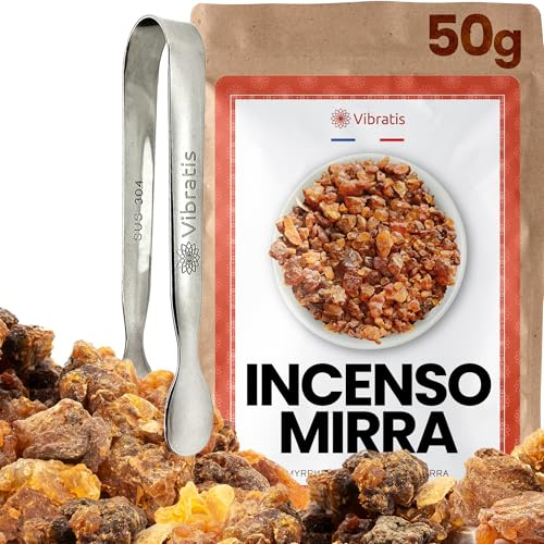 VIBRATIS Natürlicher Myrrhe-Weihrauch 50g mit Zange – Reiner Harzweihrauch zur Reinigung und Meditation – Hochwertiger Arabischer Weihrauch – Versöhnung, Glück, Gesundheit und Raumreinigung