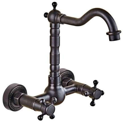 FQYEP Grifo Cocina Pared Vintage Giratorio Grifo Fregadero Cocina Vintage Doble Mango Laton,Negro,Alto