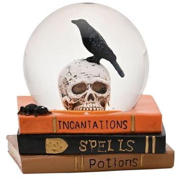 Hocus Pocus Novelties Totenkopf Globus - Klarglas Halloween Dekoration mit Krähe und Spinne - ruhend auf Harzbüchern - Gothic Gruselige Heimdekoration Geschenk