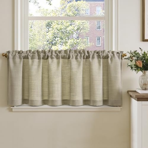 TOPICK Scheibengardine Bistrogardine Leinenoptik 1Stück H40xB140 Taupe | Blickdicht Küchenvorhänge modern Lichtdurchlässig Schrank Kurzgardine Küchfenster landhausstil küchengardine fenstergardinen