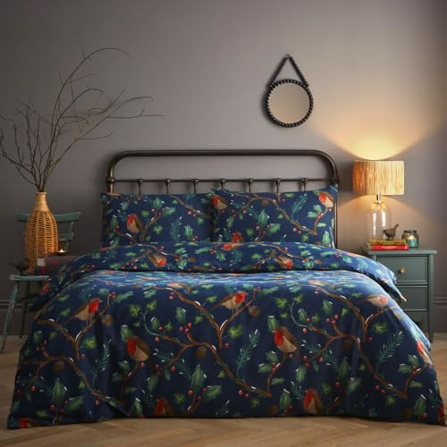 HOMEMAKER BEDDING Duvet Cover Set Navy Blue Winter Robin Print (Single)