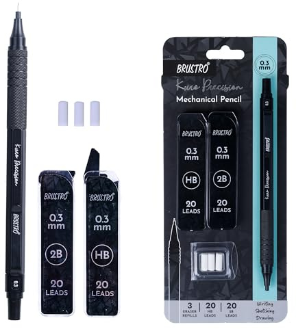 BRUSTRO Kuro Porte-mine de précision | Taille de la pointe – 0,3 mm avec 20 mines HB et 20-2B, 3 recharges de gommes | Idéal pour écrire, esquisser, dessiner, mandala et étudiants en beaux-arts