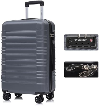 YONSLY Premium Reisekoffer TSA-Schloss,YKK-Reißverschluss Hartschalen-Koffer Trolley Kabinenkoffer Rollkoffer Suitcase Handgepäck 4 Rollen (Grau, L)