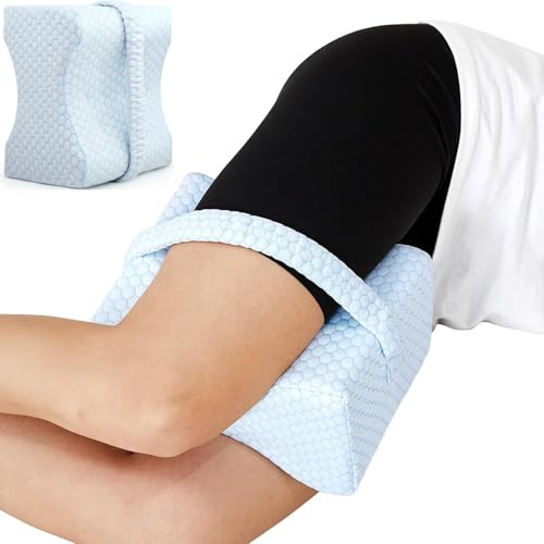 GUOMIS Coussin Genoux pour Dormir,Coussin Ergonomique en Mousse à mémoire de Forme viscoélastique, Respirant et Lavable en Machine. (Blanc Bleu)