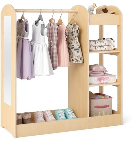 COSTWAY Kindergarderobe mit Spiegel, Prinzen Prinzessin Kleiderständer mit Kleiderbügel und 4 Ablagen, Kinder Kleiderschrank aus Holz, 93,5 x 38 x 100 cm (Natur)