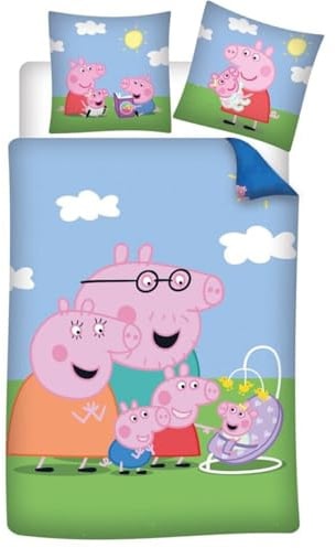 Peppa Wutz Bettwäsche 2tlg. Set für Kinder 135–140x200 cm + 65x65 cm, Peppa Pig Familienmotiv, Baumwolle/Polyester-Mix, Hotelverschluss