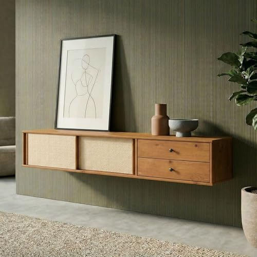 Lowboard SIMONA 175 cm hängend aus Massivholz, Eiche Finish - TV Hägekonsole mit Rattangeflecht und 2 Schiebetüren, Wohnzimmermöbel mit großzügigem Stauraum, Wandmontage Sideboard im Mid Century Style