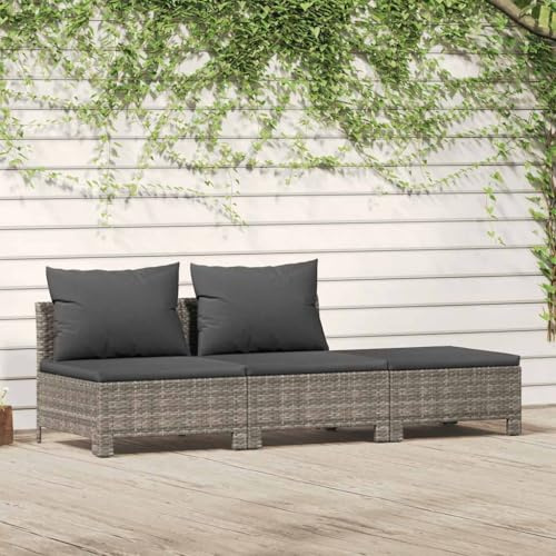 Emmtore 3-TLG.Garden Furniture with Cushion Lounge Sofa Rattan Lounge Garden Sofa Set mit Kissen Grau Poly Rattan
