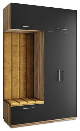Masseno Flugarderoben Set Rema, Kleiderschrank-Set mit Sitzbank, Garderobenschrank Flur mit 5 Regalböden, Eiche Wotan/Schwarz
