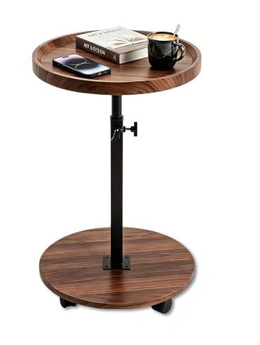 GFEMTH Beistelltisch Rund Holz, Wohnzimmertisch Höhenverstellbar（45-80cm）, Beistelltische mit Rollen, fürs Deistelltische Wohnzimmer Sofa Schlafzimmer (Nussbaum, Rund)