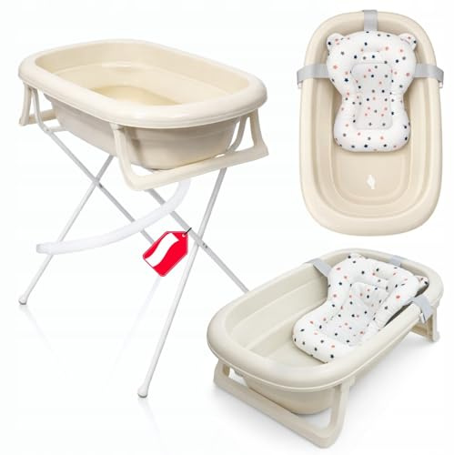 Primabobo Faltbare Babybadewanne Beige mit Gestell & Comfy-Kissen – Baby Badewanne für Neugeborene, Rutschfest, Platzsparend, Kompakt, Babywanne faltbar