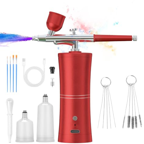 Kabelloses Airbrush-Set mit Kompressor, Tragbares Akku-Airbrush Kit Wiederaufladbar Handheld Airbrushpistole + Reinigungszubehör für Make-up, Nageldesign, Kuchendekoration & Modellbemalung(Rot)