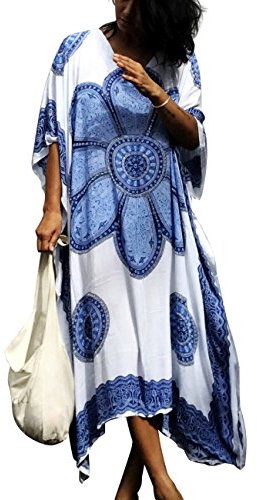 Bsubseach Women's Blue Big Floral Print Kaftan Maxi Dress Summer Swimsuit Beach Cover Up Dress Caftan Robe