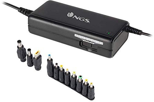 NGS BAN - Cargador Universal Manual 90 W para Ordenador Portátil, Cargador con 11 Adaptadores Compatibles con HP, Dell, Asus, Lenovo, Acer, Negro