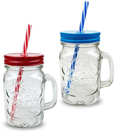 Pack of 2 Mason Jars with Handles, 500 ml Durable Drinking Glasses with Lids, Straws – Perfect for Cold Beverages Including Juices and Smoothies – Ergonomic and Comes in Attractive Hues and Designs