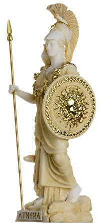 Athena mit Eule, Medusa-Schild, griechische Göttin, Alabaster, Statue, Gold, 17 cm