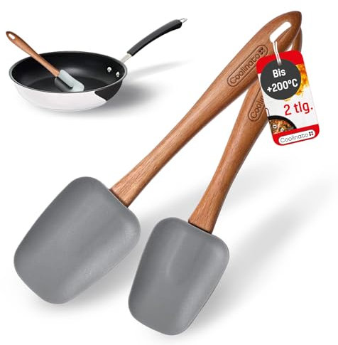 Coolinato - Kochlöffel Silikon 25cm & 29 cm 2er Küchenhelfer Set - Teigschaber hitzebeständig mit flexiblem Platin-Silikonkopf & Holzstiel aus Akazienholz - Silikon Spatel ideal für Pfannen & Töpfe