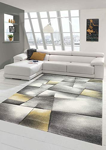 Teppich-Traum Modern Wohnzimmer Teppich Kurzflor in Pastell Gelb Grau - Größe 200 cm Rund