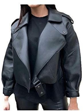 Damen Luxus Lederjacke Bikerjacke aus 100% Echtleder im Oversized Look (Schwarz, S)