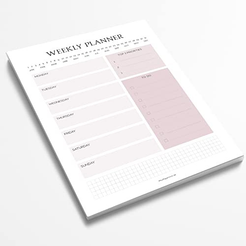 Wochenplaner DIN A5 | Modern Minimalist Block mit 50 Blatt | To-Do-Liste | Timer | Stundenplan | Büro | Notizblock | Mealplan | rosa