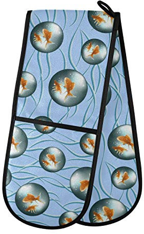 Moyyo Oven Glove Gold Fish And Colored Balls Double Oven Glove Heat Resistant Kitchen Oven Mitt with Soft Quilted Cotton Lining Filling Pot Holders for Basking Cooking Pizza Microwave