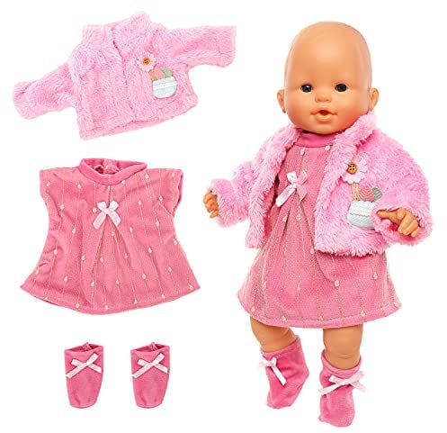 Miunana Kleidung Bekleidung Outfits für Baby Puppen, Puppenkleidung 35-43 cm, 3 teilig, Kleid Mantel Socke