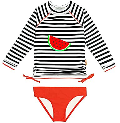 weVSwe Kleinkind Mädchen Rash Guard UPF 50+ Schutz Zweiteiler Badeanzug Set Langarm Streifen Rote Wassermelone 10 Jahre