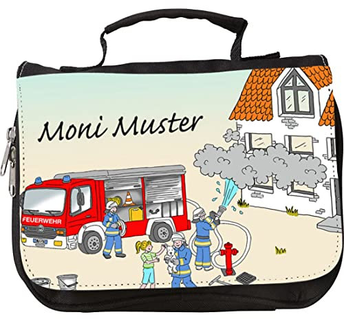 Manutextur Kulturbeutel mit Namen - personalisiert - Motiv Feuerwehr - viele Motive – Kulturbeutel - Größe 23x17x5 cm - persönliches Geschenk mit Wunsch-Motiv und Wunsch-Name