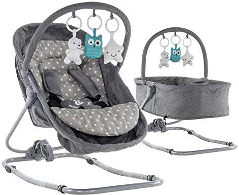 Engel & Storch Babywippe VIGO Baby Schaukelstuhl Babywiege mit abnehmbarem Bezug und Spielebogen - in Grau + Grau