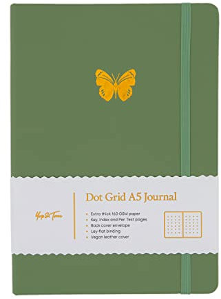 Yop & Tom Notizbuch mit Schmetterlingen, gepunktet, mit extra dickem 160 g/m² Papier und Rasterführung, Bullet Grid Journal, Salbeigrün