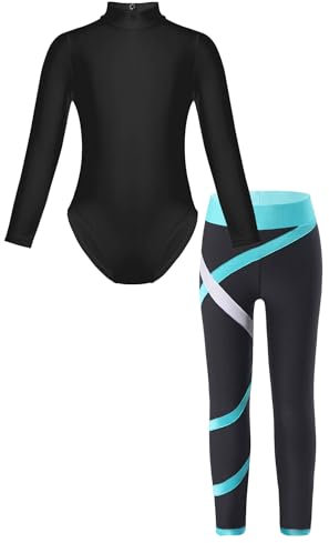 Jowowha Kinder Turnanzug Gymnastikanzug Mädchen Ballettanzug Langarm Ballettbody mit Leggings Sport Training Wettkampf Dancewear Türkis 146-152