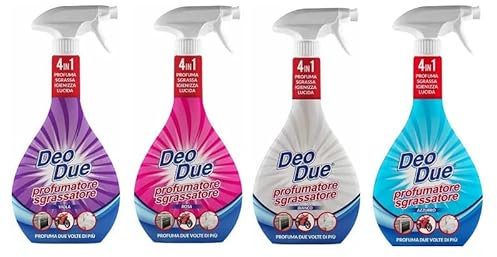 Chimiclean Deo Due Profumatore Sgrassatore 4 Flaconi con Fragranze Miste da 600 ml (Azzurro, Bianco, Rosa, Viola)