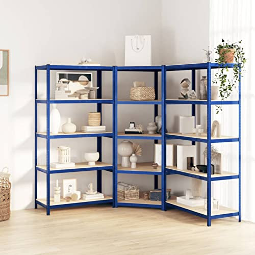 ZHOUMIN Regale mit 5 Böden 3 STK Wohnzimmer Regal, Keller Regal, Lagerregal, Haushaltsregal, Aufbewahrung Garage, Bücherregal, Standregal, Blau Stahl & Holzwerkstoff