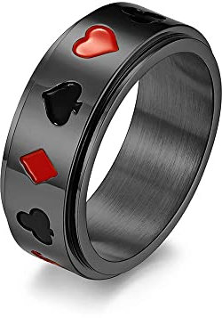 BlackAmazement 316L Edelstahl Ring Drehring Spinner Karten Farben Poker Zocker Pik Kreuz Karo Herz silber rot schwarz gold Herren (Schwarz, 60 (19,1))