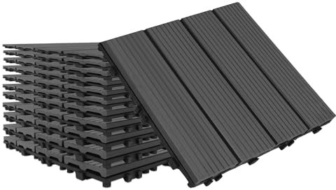 YRHome 22 Stück WPC Terrassenfliesen WPC Fliesen 30x30 cm Holzoptik Klickfliesen 2m² Balkonfliesen Klicksystem Terrassendielen Klickfliese Kunststoff Bodenfliese mit Drainage Anthrazit (Typ B)