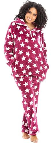 Camille Womens 2 Piece Super Soft Pyjama Set - Burgundy & White Star Print Thick Fleece Full Length PJ Set - Long Sleeves & Elasticated Waist for Ultimate Comfort and Warmth 18-20