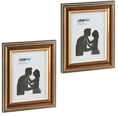 Relaxdays Bilderrahmen 2er Set, 15x20 cm, Hoch- & Querformat, Fotorahmen zum Aufhängen, Hinstellen, Passepartout, gold