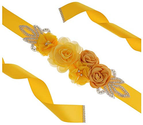SHTGOI Cinturón de mujer con perlas de estrás para novia, con flores, cinta de raso, para bodas, para dama de honor, faja, rosa, vestido de novia, accesorio para vestido, 270 cm, amarillo