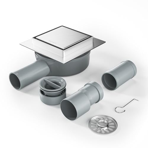 Bernkot Canalina per doccia quadrata, 10 x 10 cm, sifone a 360° con antiodore e filtro per capelli 2 in 1, piastrellabile, in acciaio inox, scarico a pavimento, molto piatto, DN50 DN40