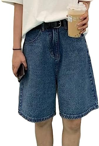 ORANDESIGNE Jorts Damen Kurze Denim Hose Sommer Bermuda Shorts Hohe Taille Loose Fit Casual Harajuku Jeans A Blau S