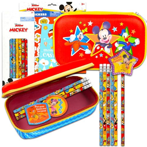 Mickey Mouse Schulbedarfsset – Disney Schreibwaren-Set mit Mickey Federmäppchen, Mickey Bleistifte, Bleistiftaufsätze, Aufkleber, mehr | Mickey Schulbedarf für Kinder