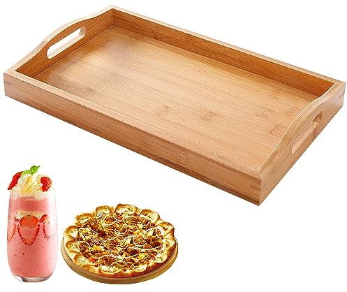 FENYW Plateau rectangulaire en bambou - Petit plateau de service - Plateau de petit-déjeuner pour thé, table basse, décoration de cuisine - 38 x 25 x 5 cm