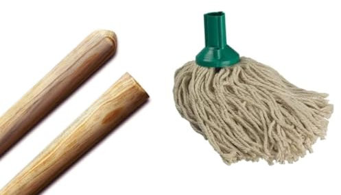 Best House Pine Wood Mop Stick, Mop Handle for Mop Head -1.2 Metres x 22mm + 1 Pcs Cotton 14 Ply Plastic Push Socket Mop Head - 250g for Floor Cleaning/Sweeping in Home/Office