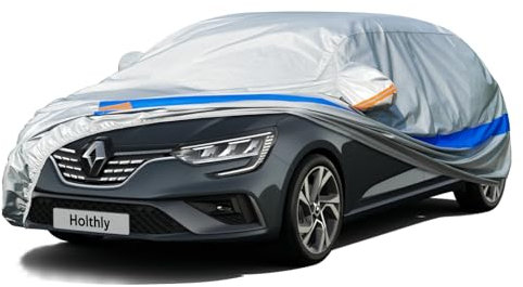 Holthly Schrägheck Autoabdeckung Wasserdicht Atmungsaktiv,Auto-Abdeckplane für Vollgarage,Regen,Sonne,Staub und UV-Schutz.Autoplane passend für VW Golf,Renault Scenic,Renault Megane,Skoda Fabia,usw.2L
